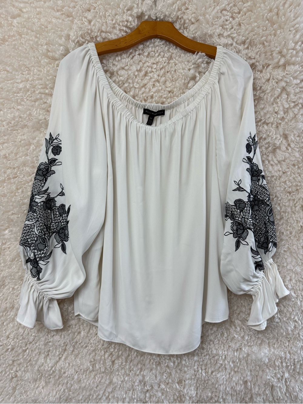 White House Black Market White Blouse with Black Embroidered Sleeves
